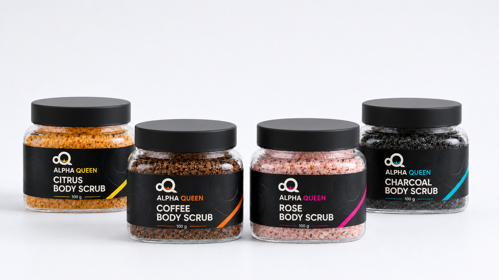Alpha Queen citrus, coffee, rose and charcoal body scrubs